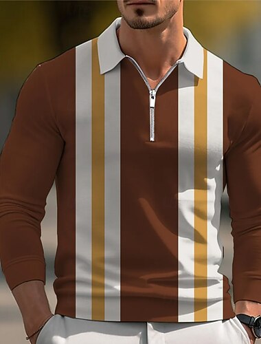  Férfi Függőleges csíkok Póló Hosszú ujj Térfogatcsökkenés Modern Szabadidős Sport & Szabadtéri Sportruházat Alkalmi / Napi Cipzár 3D nyomtatás Tavasz Ősz Tél Fekete Barna Lóhere