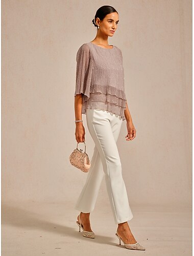  Dame Bluse Chiffongoverdeler Blonde topper Helfarge Elegant 3/4 ermer Crew-hals Bryllupsgjest Ferie Rynket Glimmer Rosa Sommer Vår Høst