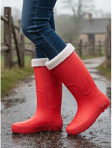  Wasserdichte rote Damen-Regenstiefel mit abnehmbarem Kunstfellbesatz – strapazierfähiges und modisches Schuhwerk für nasses Wetter, Outdoor-Abenteuer und Gartenaktivitäten