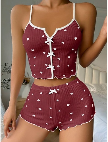 Damen Schlafanzug Set Lässig Komfort Herz Elastischer Bund Trägertop Shorts Heim Täglich Ärmellos V Ausschnitt Schwarz Weiß Rosa Wein Rote Sommer Frühling Herbst Schmale Passform