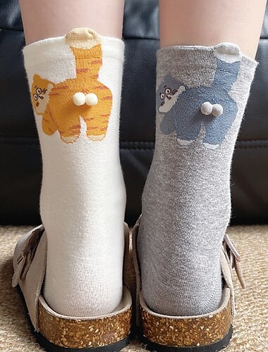  漫画猫の面白い靴下、子供用ミッドチューブソックス、かわいい動物の靴下、女性用靴下