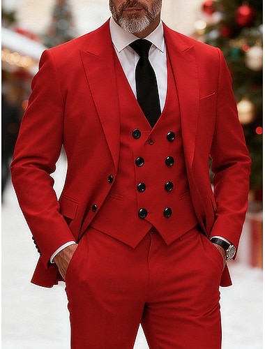  Herren Blazer + Weste + Anzughose Weihnachtsblazer Anzüge Weihnachten Geschäft Cocktailparty Mode Lässig Frühling Herbst Polyester Einfach Tasche Knöpfe Bequem Einreihig Blazer Rote Grün Beige