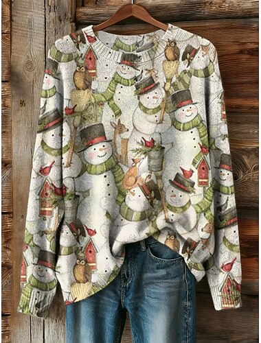  Γυναικεία Πουλόβερ Καθημερινά Καθημερινό Γραφική Χιονάνθρωπος Κοτλέ Στρογγυλή Ψηλή Λαιμόκοψη Πλεκτό Στάμπα Μακρυμάνικο Κανονικά μπλουζάκια Πλέκω ΕΞΩΤΕΡΙΚΟΥ ΧΩΡΟΥ Σαββατοκύριακο Λευκό