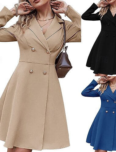  Damen Midikleid blazerkleid Mode Modern Täglich Büro Urlaub Normale Passform Einfach Langarm Tiefes U Hemdkragen Blau Schwarz Kamel Frühling Herbst Winter