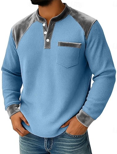  Herren Waffel-T-Shirt Waffelhemd T-Shirt Langarm Henley Frühling Herbst Herbst Winter Einfach Texture Mode Designer Basic Taschen Patchwork Klassisch Urlaub Straße Lässig Dunkelgrau Grün Blau Top