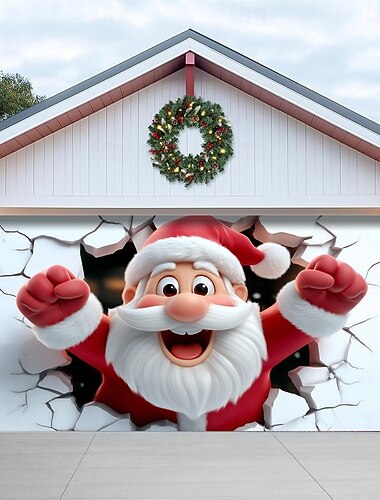  Osłona na drzwi garażowe na Boże Narodzenie, kreskówka Święty Mikołaj przebijający się przez ścianę, iluzja 3D, świąteczne tło, dekoracja na imprezę na zewnątrz, zimowa, domowa, świąteczna dekoracja,