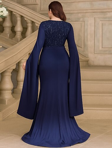  Ίσια Γραμμή Μακρύ Επίσημο ένδυμα Βραδινή τουαλέτα Μακρυμάνικο Λαιμόκοψη V Κομψό Βίντατζ Μεγάλο Μέγεθος Σπαντέξ Πολυεστέρας Φόρεμα Μητέρας της Νύφης με Πούλιες