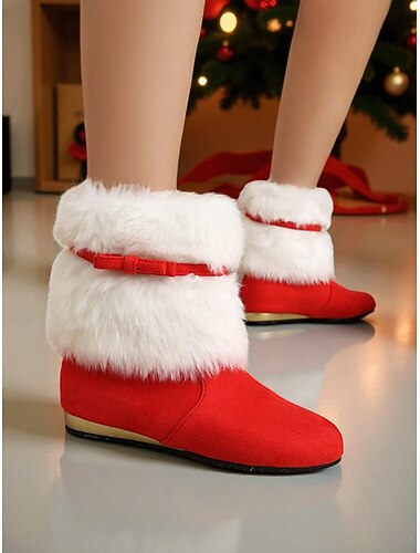  Damskie czerwone, sztuczne futrzane botki świąteczne – ciepłe, płaskie botki inspirowane Świętym Mikołajem na świąteczne przyjęcia, zimowe imprezy na świeżym powietrzu i przytulne ubranie domowe