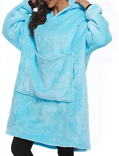  Damen Schlafanzug Freizeitkleidung Mode Lässig Tragbarer Decken-Hoodie Einfarbig Tasche Kleid Urlaub Heim Langarm Rundhalsausschnitt Schwarz Braun Dunkelblau Leicht Blau Herbst Winter Normale Passform