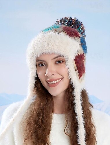  冬用アウトドアニットビーニー、女性用、フェアアイルスタイルの暖かい帽子、耳あて付き、豪華な裏地付きスキーキャップ、防寒、かわいい顔痩せ効果、冬用ヘッドウェア