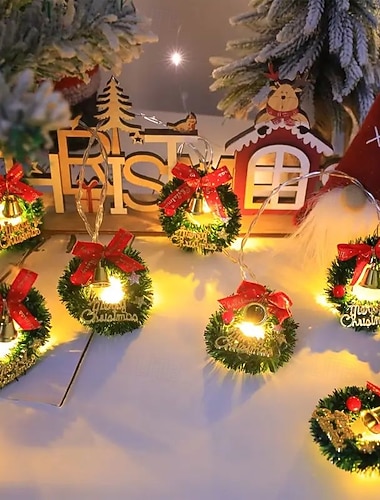  LED-juleminiatyr blomsterkranslyslenker med røde sløyfer, røde bær, bjeller og fe-design 1,5 m 10 LED-lys batteridrevet til juletrær, høytider, hjem, soverom, nyttår og bryllupsdekor