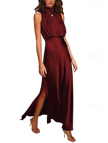  Damen Langes Kleid Maxikleid Satinkleid Abschlussballkleid Partykleid Elegant Modern Abendgesellschaft Party Besonderer Anlass Normale Passform Einfach Ärmellos Stehkragen wasserblau Schwarz Wein
