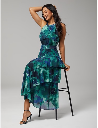  fließendes, gestuftes Chiffon-Maxikleid mit Blumenmuster