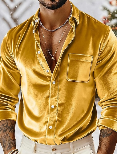  Herre Skjorte Uformell skjorte Skjorte med knapper Juleskjorte Fløyelsskjorte Blå Svart Gul Rød Grønn Langermet Helfarge Skjortekrage Karneval Jul Lomme Klær Jul Elegant Varm Aktiv