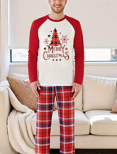  Familie-look Kerstmis Kerst Familie Pyjama Kerstfamilie Pyjama  Grafisch Ruitjes Kerstboom Kerstcadeaus Afdrukken Rood Lange mouw Vakantie Bijpassende outfits
