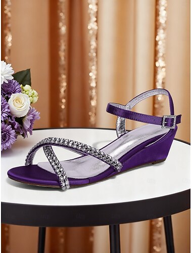  Women's Blue Rhinestone Wedge Sandals - Elegant Open Toe Ankle Strap Heels for Party and Evening Events