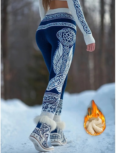  leggings לנשים בסגנון ויקינג בוהו עם ציפוי פליס חופשה וינטג' אתני באורך מלא בגד אמצע המותן גרפיקה מופשט אלסטי חוץ חורף כחול סתיו חורף