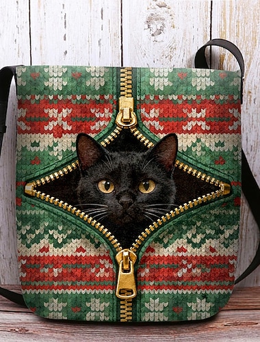  Weihnachtliche Umhängetasche für Damen – aus Polyester-Samt, mit Weihnachtsmann- und Katzenmotiv, festliche Handtasche, perfekt für Winterausflüge und Weihnachtsfeiern