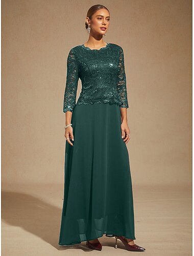  Dam Maxiklänning Chiffongklänningar Elegant Bröllopsgäst Kvällsfest Normal Ensfärgat 3/4 ärm Rund hals Smaragdgrön Vår Höst Vinter