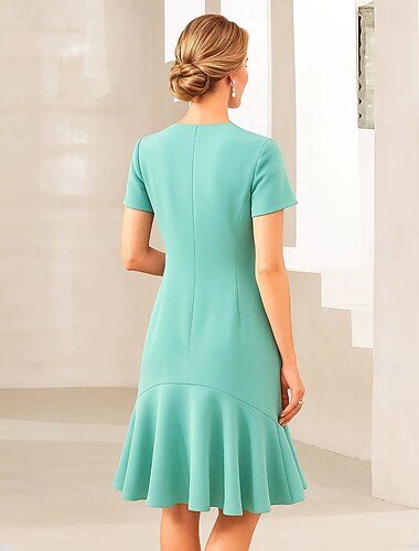  A-الخط طول الركبة فستان الحفلة فستان كوكتيل فستان زفاف ضيف فستان أم العروس كم قصير رقبة عالية مدورة أنيق عتيق حفلة كوكتيل حفلة الزفاف مع طيات حصى