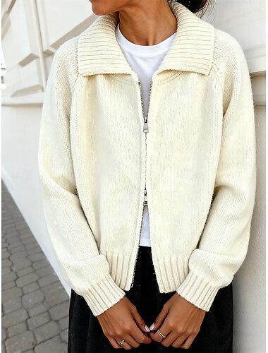  Dame Genser Årgang Daglig Rullekrage Åpen Forside Glidelås Strikket Langermet Vanlige topper Strikke Daglig Hvit Navyblå Høst Vinter