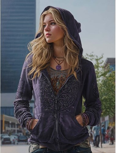  Dame Hettegensere med glidelås Blomstret Grafisk Ruter Mote Vestlig Retro Rød Langermet Med hette Vanlige topper Gate Hverdag Glidelås Lomme Trykt mønster Gul Rød Lilla Grønn Vår Høst Vinter