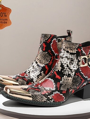  Røde og svarte ankelstøvletter med slangetrykk til herre – premium skinn med gulldetaljer, stilig valg til julebord og festlige anledninger