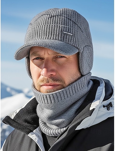  Conjunto unissex de gorro e cachecol em tricô acrílico, com protetores de orelha ajustáveis, diversas cores, perfeito para esportes de inverno e atividades ao ar livre.