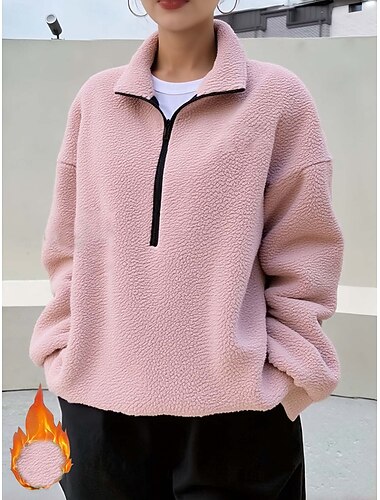  女性用 テクスチャードジャケット プルオーバースウェットシャツ 平織り あたたか 活発的 テディー 長袖 ハーフジッパー レギュラートップス 家 ストリート 日常着 ジッパー ブラック ピンク グリーン ベージュ 春 秋 冬