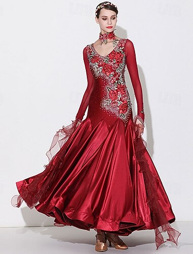 Elegantes rotes Ballkleid für Damen mit Strass-Blumenstickerei, V-Ausschnitt, geeignet für Walzer, Tango, Modern Rumba, Wettbewerbe und Aufführungen