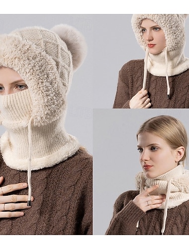  女性用の冬用フリース裏地ニット帽、フェイスマスクとネックウォーマーが一体となった耳保護ビーニー、寒い屋外での暖かく快適なプルオン帽子