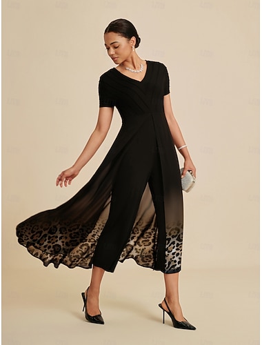  šifonový úplet s leopardím potiskem, splývavý elegantní overal s motivem dovolené a párty