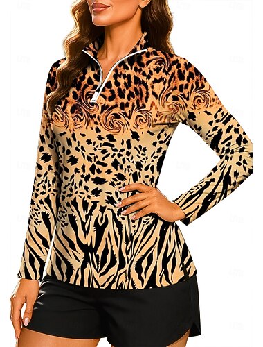  Damen Tiermotiv Leopard Abstrakte Kunst Oberteile Shirt Sporthemd Golf-Poloshirt Langarm Tupfen Streifen Druck UPF50+ UV-beständig UV Schutz Elastisch Atmungsaktiv Pilates Volleyball Tennis Gerollter