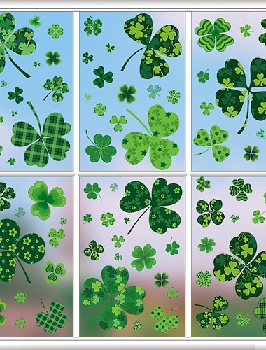  9 Bögen Fensteraufkleber zum St. Patrick's Day, statisch haftende irische Kleeblatt-Aufkleber, Glücksklee-Glasaufkleber für Schaufenster, Zuhause, Ladendekoration