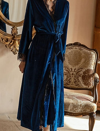  Damen Schlafanzug Freizeitkleidung Warm Mode Lässig Einfarbig Gerafft Schnürung Patchwork Urlaub Heim Bett Langarm V Ausschnitt Blau Schwarz Wein Grün Winter Normale Passform