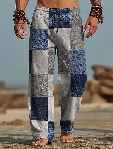  Homens Geométrica Bloco de cor Retalhos Calças Calça casual Calças largas Cintura Média Moda Casa Ao ar livre Férias Cintura elástica com cordão Calças de linho com bolsos Verão Primavera Impressão 3D