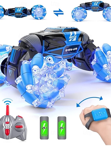  Voiture télécommandée à LED avec détection de gestes, 4x4, 2,4 GHz, double face, transformable et rotative à 360°, tout-terrain, avec lumières pour garçons de 6 à 12 ans & filles