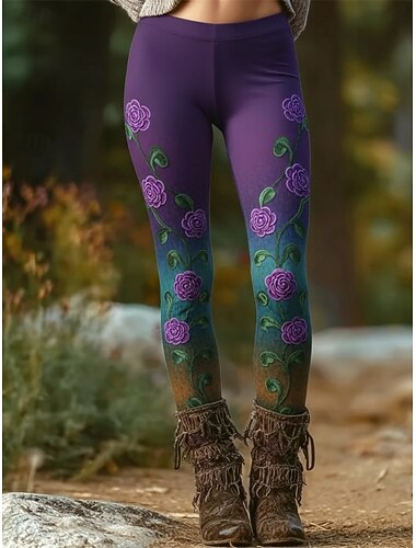  Dámské Legíny Pohodlné legíny prázdniny Na běžné nošení Plná délka Vysoký pas Květinový Grafika Potisk Pohodlné Vysoká pružnost Ležérní Denní Dovolená Tmavě zelená Fialová Trávová zelená Armádn
