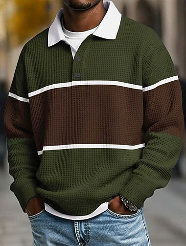 Herre Horisontale strimler Vaffel poloskjorter Rugby Polo Langærmet Polo skjorter Knaphul Sportstøj Afslappet Skole atletiktøj Dagligdagstøj 3D-udskrivning Forår Efterår Vinter Blå Lilla Brun