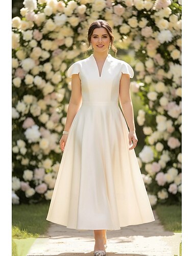  Ligne A Longueur thé Robe de Soirée Robe de Cocktail Robes de mariée Robes pour enterrement de vie de jeune fille robe de mariée Élégant Petites Robes Blanches Manches Courtes Col en V Formel Remise
