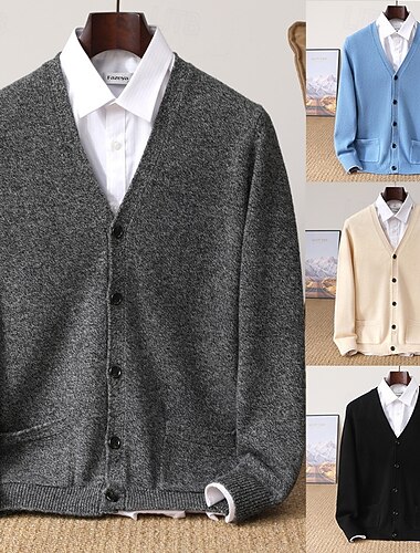  Voor heren Trui Wollen trui Vest Trui Geribd breien Normale tops Dichtknopen Gebreid Effen V-hals Modieus Hedendaags Casual Alledaagse kleding Kleding Winter Herfst Zwart Hemelsblauw S M L