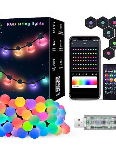  luci a catena per esterni, lampadine dimmerabili, perline a LED, luci da patio RGB con telecomando, luci a catena infrangibili e impermeabili IP65 con cambio colore, spina USB per decorazioni da