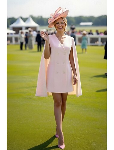  Linea ad A Tubino Colonna Lunghezza al ginocchio Abito Derby Abito da cerimonia per signora Manica Corta Scollo a V Elegante Vintage Derby del Kentucky Tessuto Elasticizzato con Bottoni Tinta unita