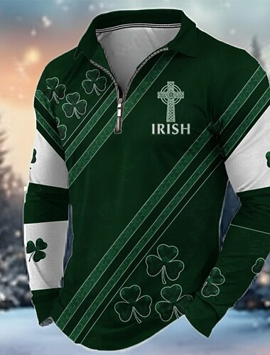  St. Patrick Mannen Shamrock Polo Lange Mouwen Omgeslagen Modern Vrijetijdskleding Athleisure Casual Dagelijks Festival Rits 3D Print Lente Fall Donkergroen Groen
