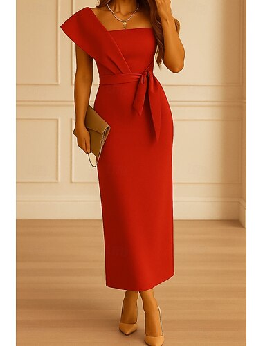  Szűk szabású Hosszú Midi Koktél ruhák Elegáns Ujjatlan Aszimmetrikus Kerti parti Esküvő Stretch Crepe val vel Csokor Rakott