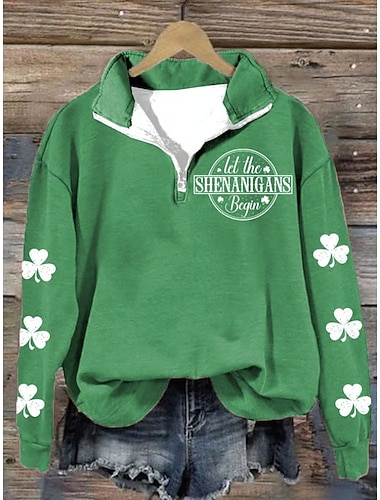  Suéter Feminino de Dia de São Patrício Zíper Gráfico Trevo Moda Casual de Manga Longa Meio Zíper Tops Regulares Casual Cordão Impressão Preto Verde Primavera Outono
