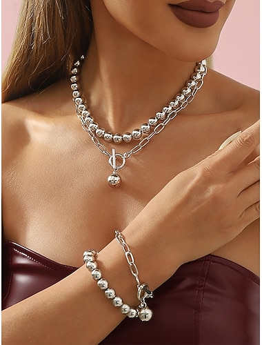  colar e pulseira de contas de prata elegantes – design de corrente em camadas grossas com fecho de alavanca para um visual moderno e chique