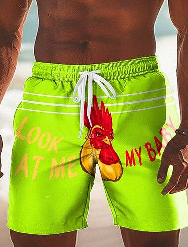  Herr Tupp Bokstavstryck Kyckling Badshorts Boardshorts Medium Midja Rolig Ledigt Strandsemester Sidfickor Mesh foder Elastisk dragsko i midjan Designer Kläder