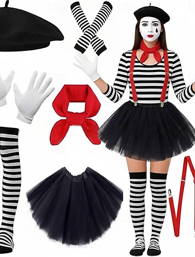  Mehre Accessoires Ausgefallene Kostüme Pantomimenkünstler Pantomime-Clown Zirkus Cosplay-Kostüm Gestreift Erwachsene Damen Halloween Karneval Party Leistung Verkleiden