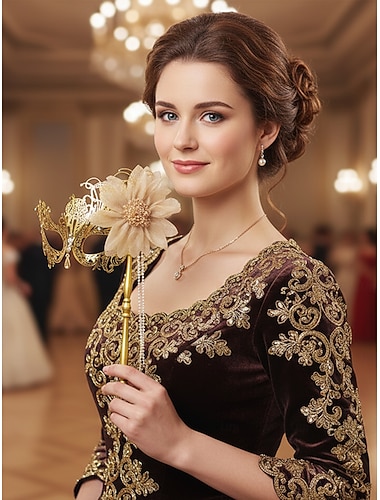  Dames Gouden Filigrain Handheld Masker voor Mardi Gras met Bloem Versiering - Elegante Venetiaanse Carnavalskostuum Accessoire voor Feesten  Bals